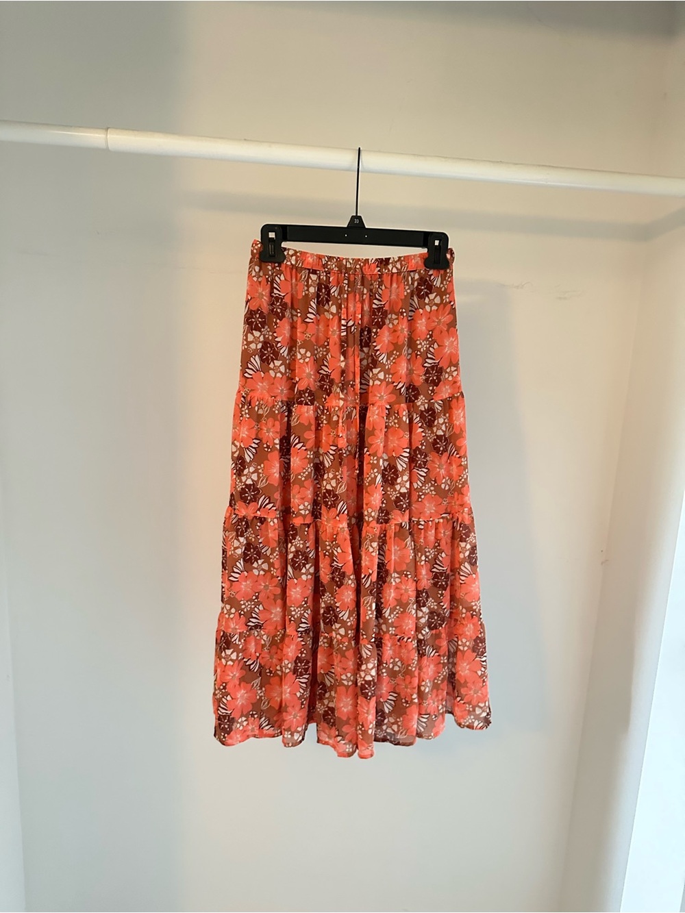 aerie Coral Floral Tiered Maxi Skirt
